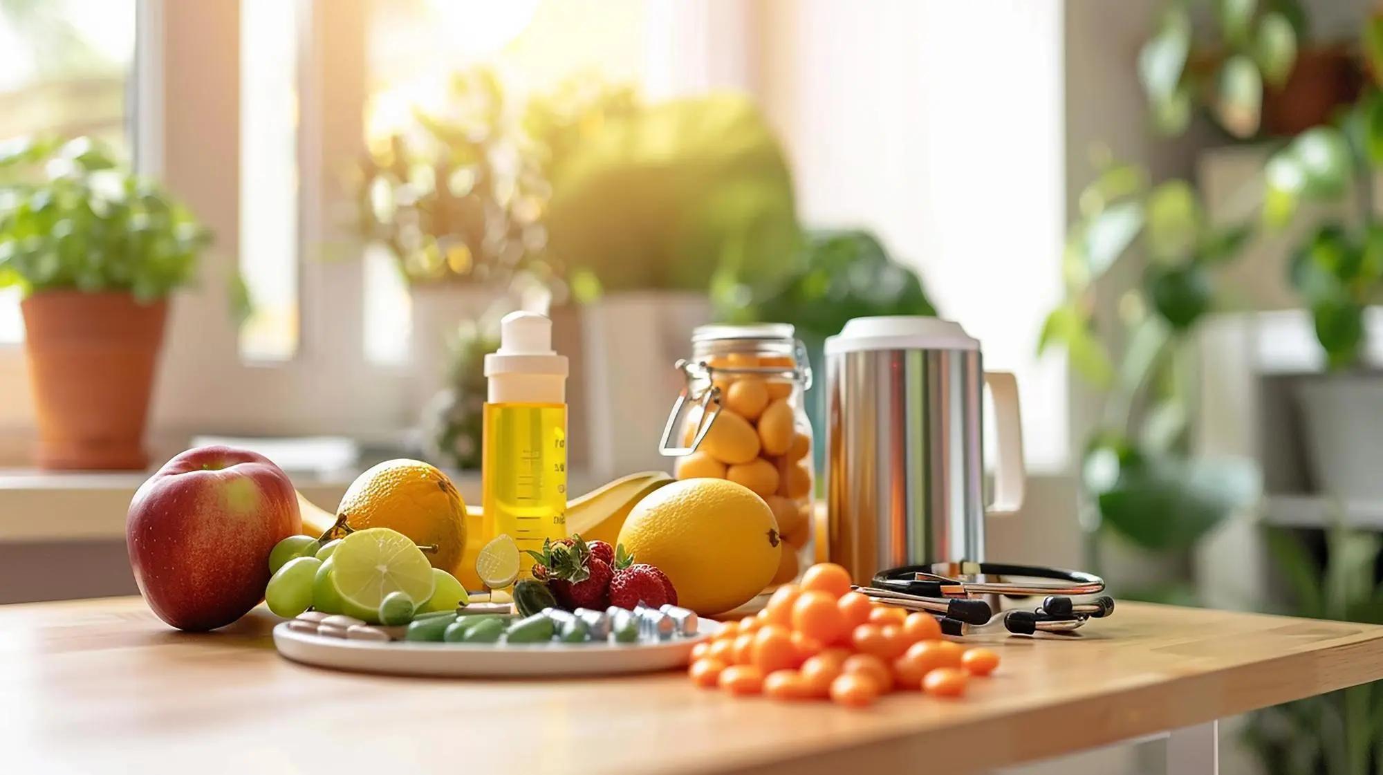 Vitamin D-rich foods and supplements on a kitchen table, including fruits, vegetables, and vitamin D oil, highlighting the importance of addressing vitamin D deficiency.