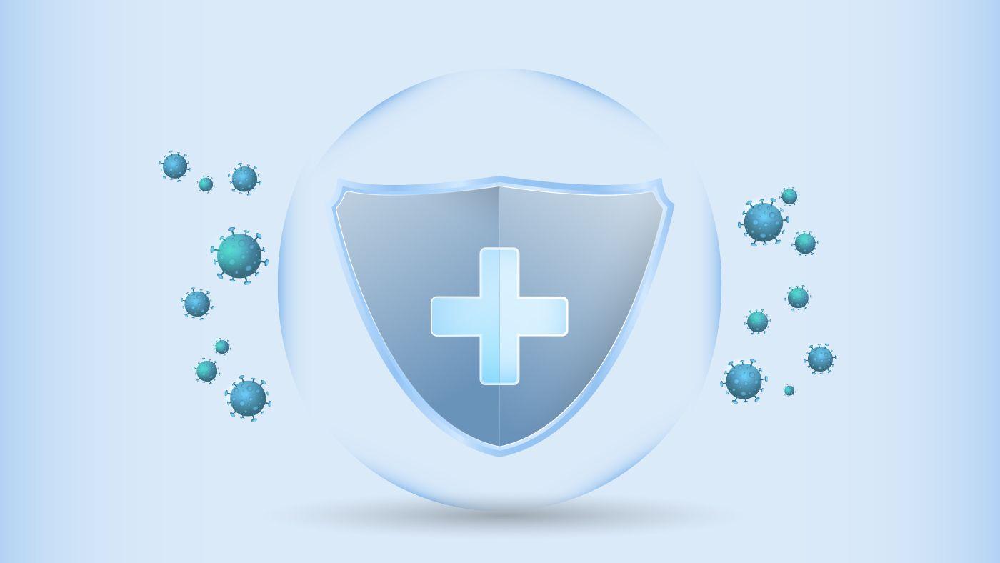 Shield with a medical cross symbol surrounded by virus icons, symbolizing the protection provided by immunizations.